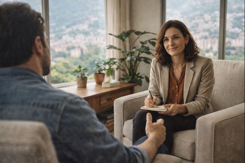 Consultorio de psicología en Medellín, durante una sesión de terapia presencial. Ambiente de confianza y escucha activa que la Psicóloga Marcela Quiceno Betancourt (Magíster en Clínica Psicológica) proporciona a sus pacientes, ideal para quienes buscan iniciar un proceso profundo de bienestar emocional a través del paquete de sesiones psicológicas o la modalidad virtual.