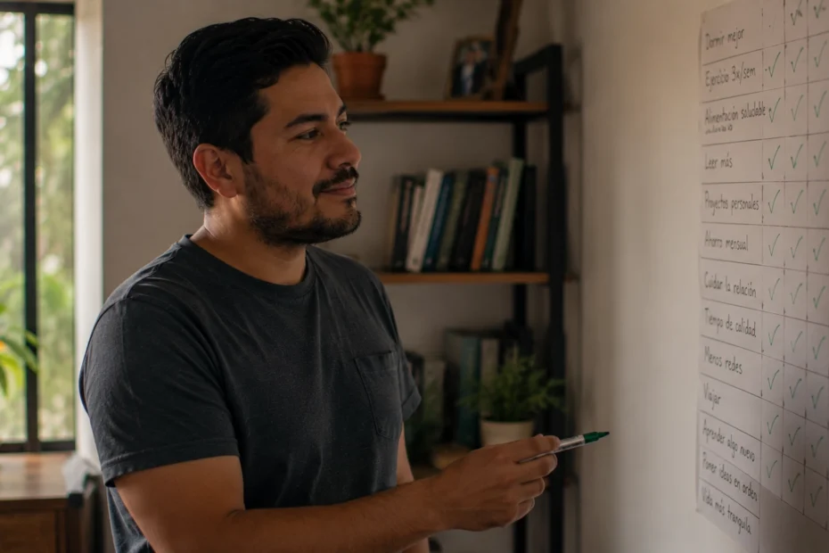 Adulto latinoamericano de pie frente a una pared con un cronograma de metas escrito a mano y pequeños hitos marcados como cumplidos, sosteniendo un marcador con expresión serena y de confianza tranquila, en una imagen que representa el proceso de establecer metas alcanzables, realistas y efectivas a través de pasos concretos, autoeficacia y progreso sostenido, reflejando el trabajo psicológico detrás del cumplimiento real de objetivos personales más allá de la simple planificación.
