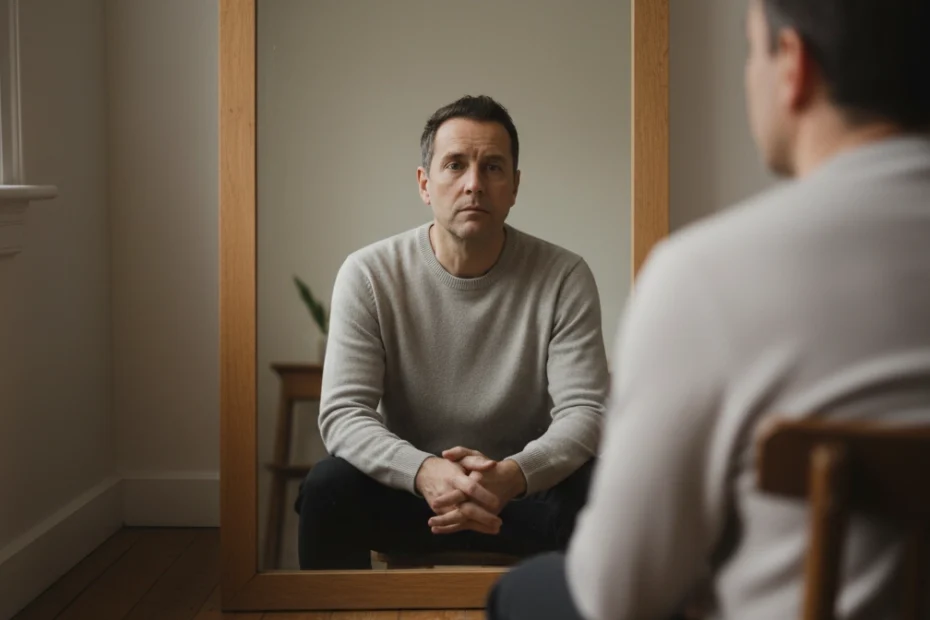 Imagen realista de una persona adulta mirándose al espejo con gesto pensativo, representando la introyeccion como proceso psicológico donde se incorporan normas externas, mostrando un Introyección ejemplo visual relacionado con la reflexión interna y la construcción de la identidad.