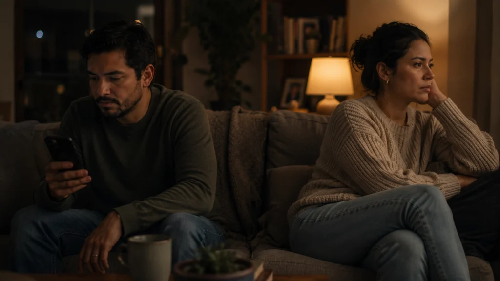 Pareja latinoamericana adulta sentada en el sofá de su casa en la noche, físicamente cerca pero sin contacto visual ni conexión emocional visible, uno mirando el teléfono y el otro con la mirada perdida en un gesto de vacío interior, una imagen que representa el vacío emocional en la pareja, la desconexión afectiva, la soledad dentro del vínculo y la necesidad de trabajar la intimidad emocional en terapia de pareja