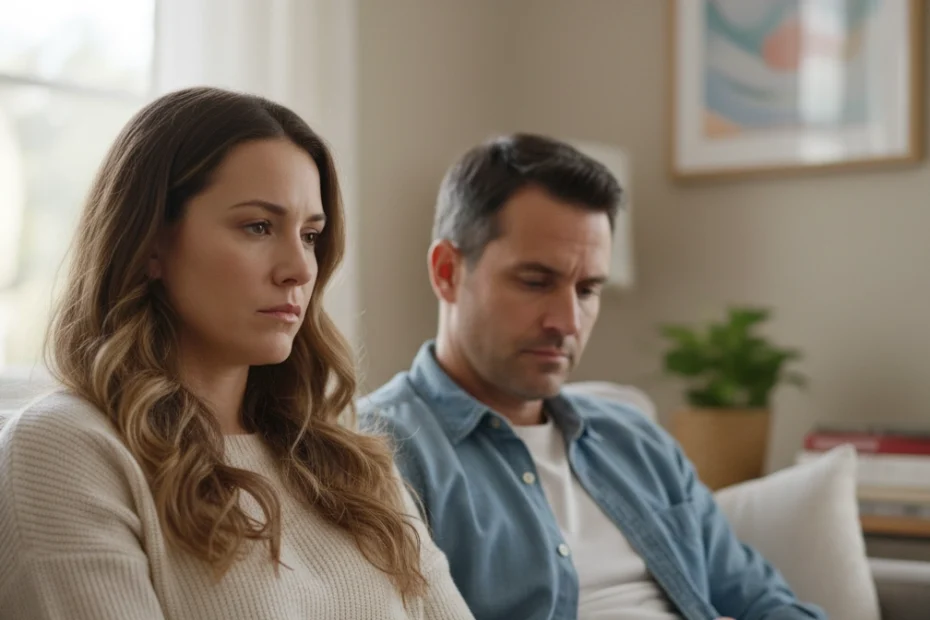 Imagen realista de una pareja sentada en el sofá con expresión de distancia emocional, representando el vacío emocional en la pareja y la falta de conexión afectiva, en un entorno doméstico con luz natural suave que refleja una relación en proceso de desconexión emocional.