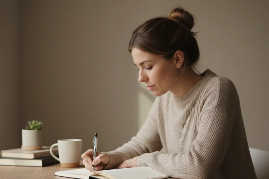 Imagen realista de una persona trabajando en cómo alcanzar objetivos personales desde un espacio cotidiano, escribiendo metas claras en una libreta, reflejando enfoque, calma y proceso psicológico consciente, alineado con los 5 consejos para alcanzar objetivos personales y el crecimiento personal acompañado desde la psicología.