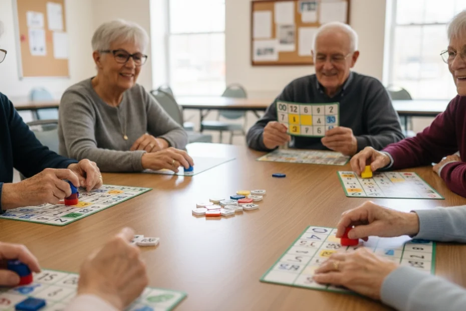 Grupo de adultos mayores participando en dinámicas grupales divertidas con juegos de mesa adaptados como bingo y cartas, sentados en un espacio comunitario iluminado, realizando actividades cognitivas para estimular la memoria, la atención y el bienestar emocional, como parte de un programa de estimulación cognitiva y actividades recreativas para prevenir deterioro cognitivo.