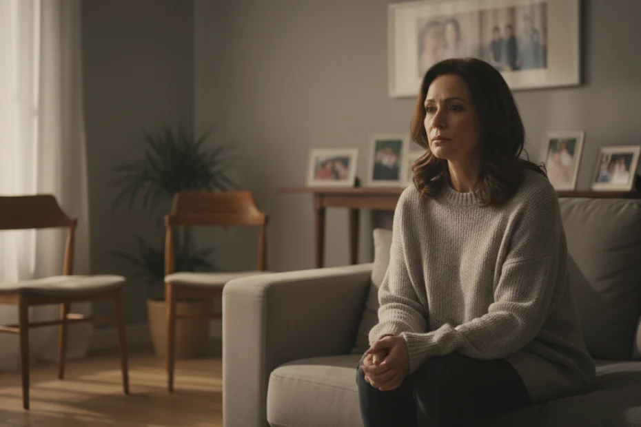 Imagen realista de una mujer adulta sentada en su sala con varias sillas vacías y fotografías familiares detrás, representando el síndrome del nido vacío, sus Síntomas emocionales y las consecuencias psicológicas del cambio de etapa vital, asociadas al proceso de adaptación y búsqueda de tratamiento terapéutico.