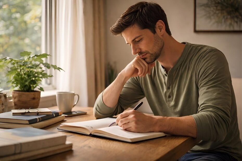 Imagen realista de una persona aplicando tecnicas para aumentar concentracion mientras estudia en un entorno tranquilo, representando enfoque mental, reducción de distracciones y bienestar psicológico en un contexto cotidiano colombiano.