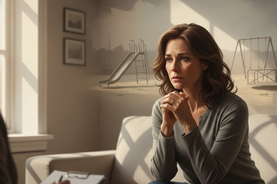 Imagen realista de una persona adulta en sesión psicológica reflexionando sobre los Tipos de traumas de la infancia, mostrando cómo las Heridas emocionales y las Experiencias traumáticas influyen en el Trauma emocional a lo largo de la vida y pueden trabajarse en terapia.