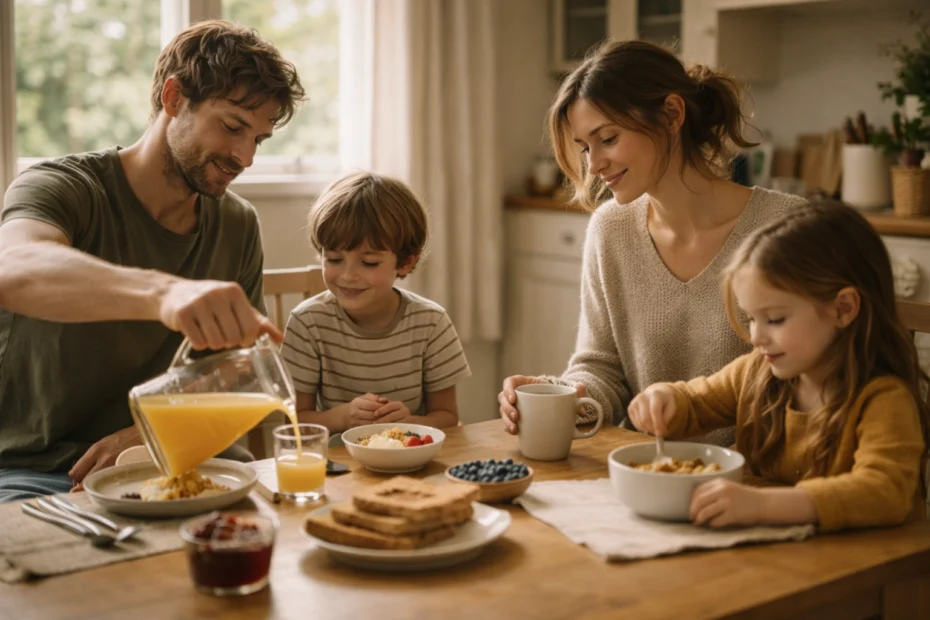 Imagen de una familia compartiendo una rutina diaria saludable en casa, representando rutinas diarias saludables familia y hábitos saludables de vida, mostrando convivencia, comunicación y bienestar emocional en un entorno cotidiano del hogar.