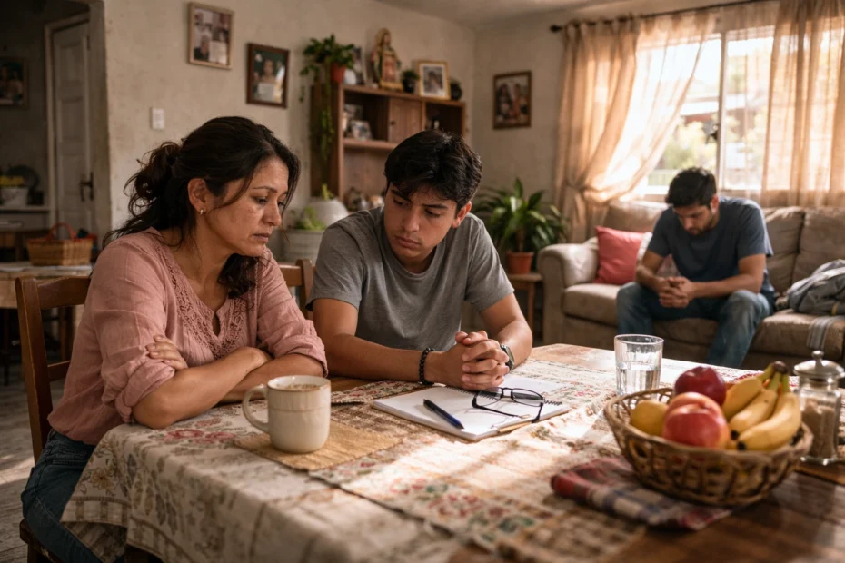 Escena familiar que muestra tensión y preocupación por consumo de drogas: un joven evita la mirada mientras sus familiares conversan, reflejando señales tempranas de abuso de sustancias y las características de una persona adicta; imagen relacionada con 10 Señales de abuso de sustancias que los familiares suelen ignorar (y no deberían) y Como saber si una persona consume drogas en un contexto doméstico.