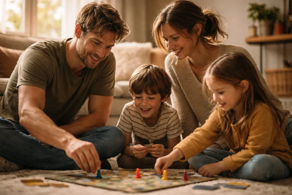 Imagen de una familia reunida en casa realizando actividades recreativas y juegos, representando 15 Actividades familiares en casa y actividades para hacer en familia que fortalecen la unión, la comunicación y el bienestar emocional, mostrando un ambiente cotidiano de convivencia y tiempo de calidad en el hogar.