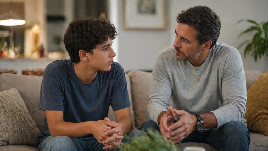 Adolescente conversando con su padre o madre en un ambiente tranquilo, mostrando una interacción basada en la confianza y la comunicación, representando actividades para trabajar la mentira en adolescentes, donde se observa escucha activa, expresión emocional y construcción de confianza en la relación familiar.
