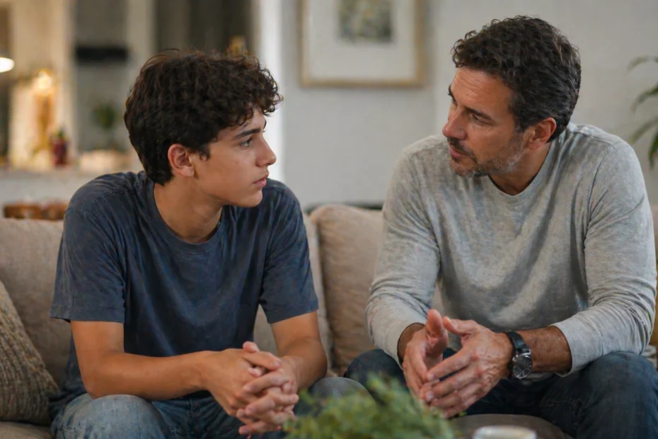 Adolescente conversando con su padre o madre en un ambiente tranquilo, mostrando una interacción basada en la confianza y la comunicación, representando actividades para trabajar la mentira en adolescentes, donde se observa escucha activa, expresión emocional y construcción de confianza en la relación familiar.