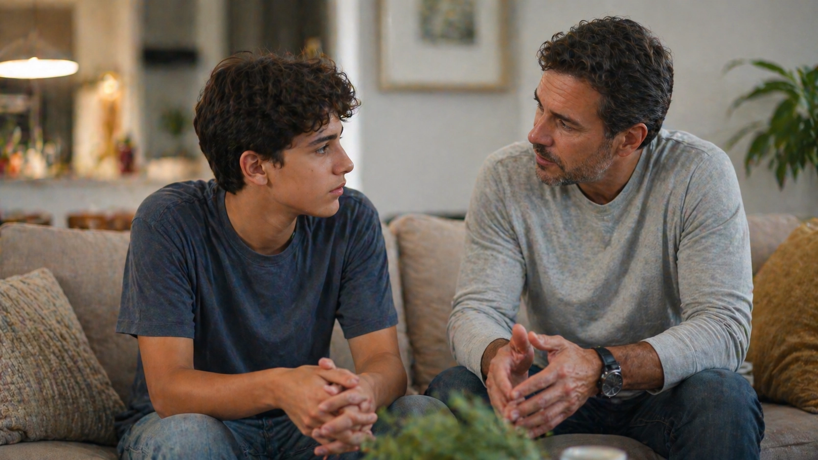 Adolescente conversando con su padre o madre en un ambiente tranquilo, mostrando una interacción basada en la confianza y la comunicación, representando actividades para trabajar la mentira en adolescentes, donde se observa escucha activa, expresión emocional y construcción de confianza en la relación familiar.