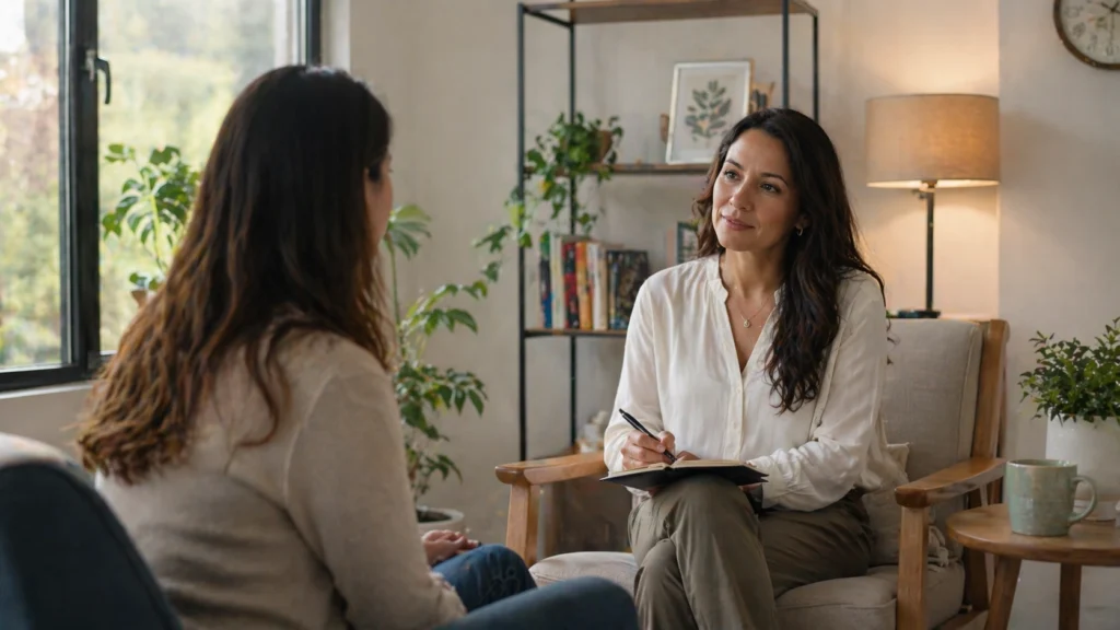 Consulta psicológica donde una terapeuta escucha a un paciente, representando los diferentes tipos de terapia y enfoques de psicoterapia como cognitivo-conductual, humanista o sistémica. La escena refleja el proceso terapéutico, la relación entre paciente y psicoterapeuta, y el trabajo sobre pensamientos, emociones y conducta para mejorar el bienestar emocional.