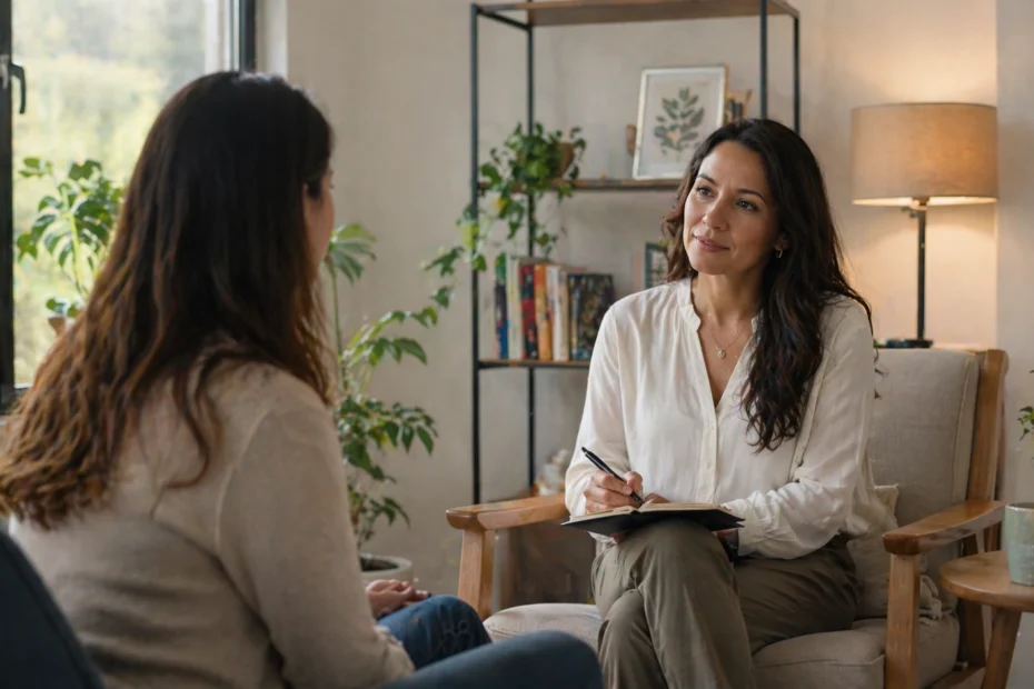 Consulta psicológica donde una terapeuta escucha a un paciente, representando los diferentes tipos de terapia y enfoques de psicoterapia como cognitivo-conductual, humanista o sistémica. La escena refleja el proceso terapéutico, la relación entre paciente y psicoterapeuta, y el trabajo sobre pensamientos, emociones y conducta para mejorar el bienestar emocional.