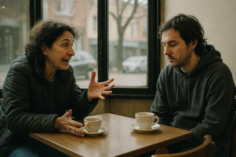 Dos personas en una conversación donde una domina el intercambio mientras la otra permanece en silencio, ilustrando el patrón psicológico de quien solo habla de sí misma y su impacto en la calidad de los vínculos y la empatía en las relaciones sociales.