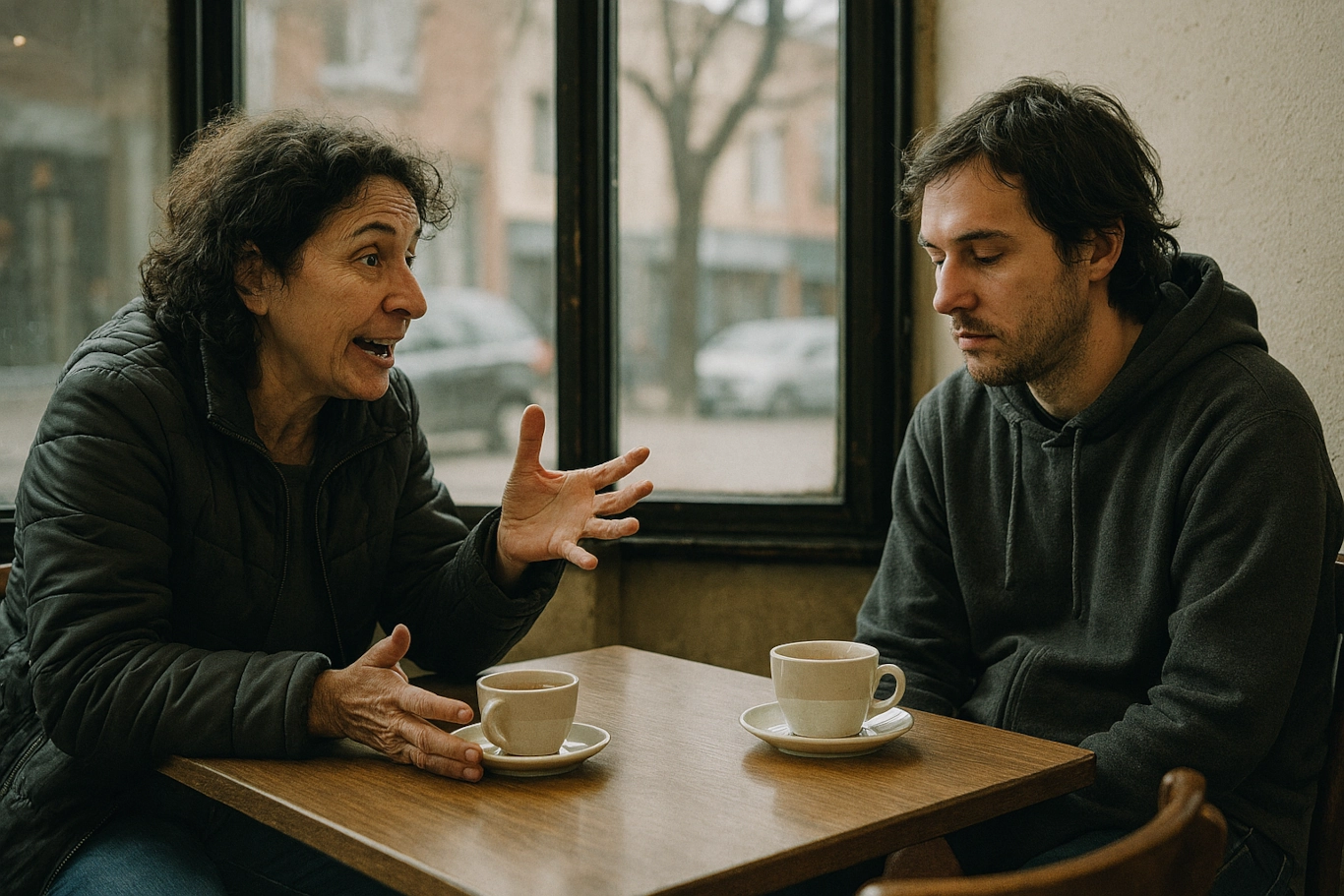 Dos personas en una conversación donde una domina el intercambio mientras la otra permanece en silencio, ilustrando el patrón psicológico de quien solo habla de sí misma y su impacto en la calidad de los vínculos y la empatía en las relaciones sociales.