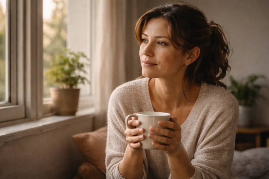 Mujer adulta sentada junto a una ventana con luz natural suave, sosteniendo una taza de café y con una expresión reflexiva y serena, en un ambiente cálido y minimalista que evoca el proceso de autoconocimiento y fortalecimiento de la autovaloración personal, el bienestar emocional y el amor propio que se trabaja en terapia psicológica.