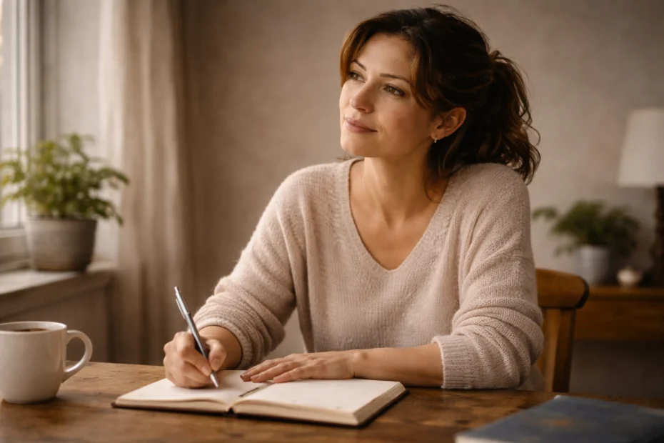 Mujer latinoamericana adulta sentada junto a una ventana con luz natural difusa, escribiendo en un diario con una expresión serena y reflexiva, en un ambiente cálido y tranquilo que evoca el proceso de trabajo interior sobre la autoestima y autovaloración personal, el autoconocimiento y el bienestar emocional que se construye a través de la terapia psicológica.