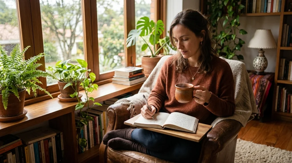 Mujer practicando conductas de autocuidado en casa, sentada junto a una ventana con luz natural, escribiendo en un cuaderno y tomando té en un ambiente tranquilo que refleja bienestar emocional, hábitos saludables y equilibrio entre salud mental y física.