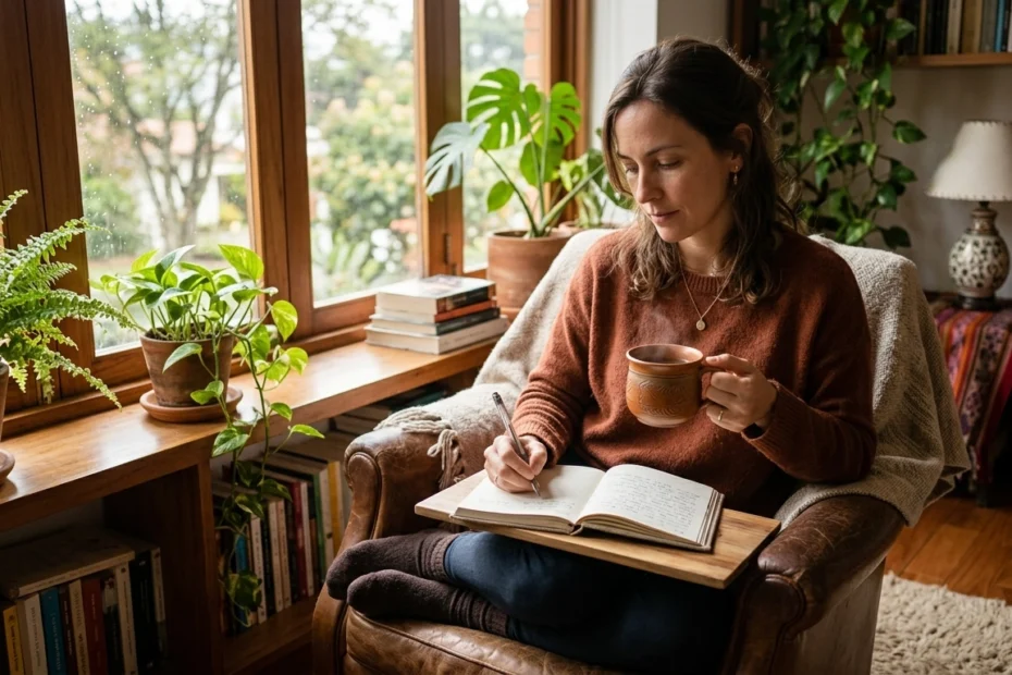 Mujer practicando conductas de autocuidado en casa, sentada junto a una ventana con luz natural, escribiendo en un cuaderno y tomando té en un ambiente tranquilo que refleja bienestar emocional, hábitos saludables y equilibrio entre salud mental y física.