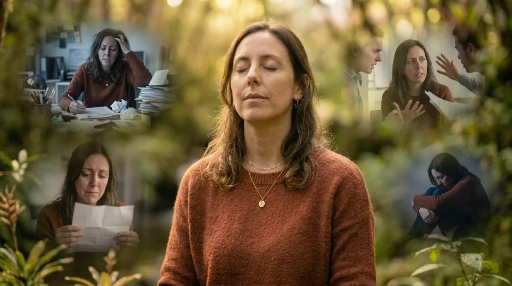 Persona en un entorno natural en silencio, practicando meditación y respiración consciente para lograr tranquilidad y paz interior, mostrando relajación corporal, equilibrio emocional y conexión con el presente, en un espacio que transmite calma, naturaleza y bienestar mental.