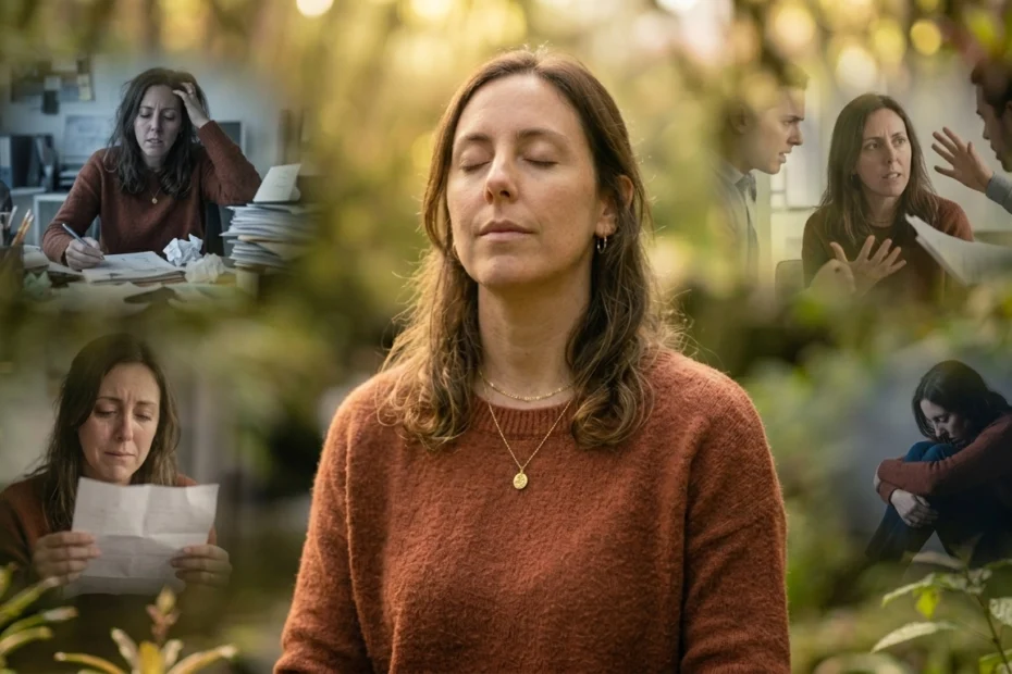Persona en un entorno natural en silencio, practicando meditación y respiración consciente para lograr tranquilidad y paz interior, mostrando relajación corporal, equilibrio emocional y conexión con el presente, en un espacio que transmite calma, naturaleza y bienestar mental.