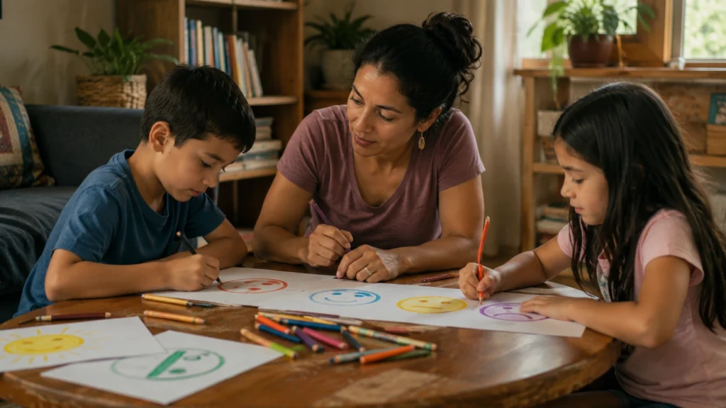 Madre o educadora latinoamericana sentada junto a dos niños pequeños realizando una actividad de dibujo sobre las emociones en una mesa con materiales de colores, en un ambiente cálido y luminoso que representa el trabajo de inteligencia emocional a través de actividades sobre las emociones para niños y adolescentes, la conexión afectiva entre adultos y menores, y el apoyo al desarrollo psicológico infantil.