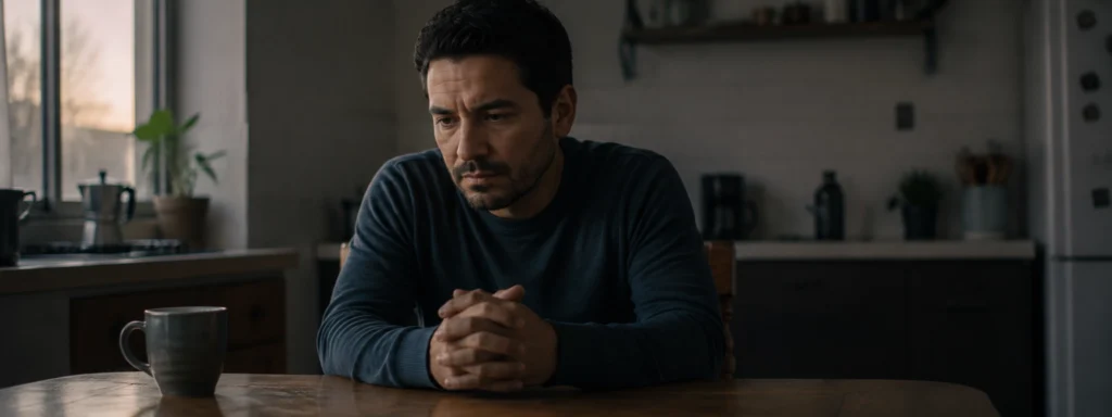 Persona adulta latinoamericana sentada sola en una mesa de cocina en la madrugada, con las manos entrelazadas y una expresión de conflicto interno profundo que refleja el peso de la culpa por infidelidad, el arrepentimiento genuino y el proceso psicológico de responsabilizarse por el daño emocional causado en la pareja, una imagen que captura el momento previo al trabajo de autocompasión y perdón a uno mismo que se trabaja en terapia psicológica.