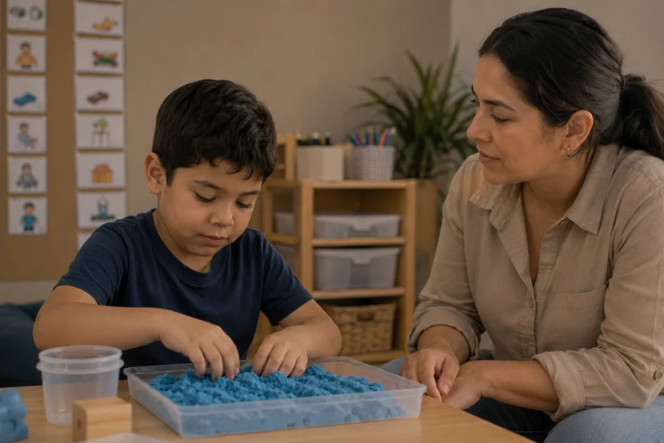 Niño latinoamericano de aproximadamente 6 años con Trastorno del Espectro Autista concentrado en una actividad de juego sensorial sobre una bandeja de arena cinética, acompañado de cerca por un adulto con expresión tranquila y atenta, en un entorno organizado con ayudas visuales al fondo que representa el uso de actividades de autismo adaptadas al procesamiento sensorial del niño, las estrategias de apoyo basadas en sus intereses y necesidades individuales, y el acompañamiento profesional y familiar en el desarrollo de habilidades en niños con autismo