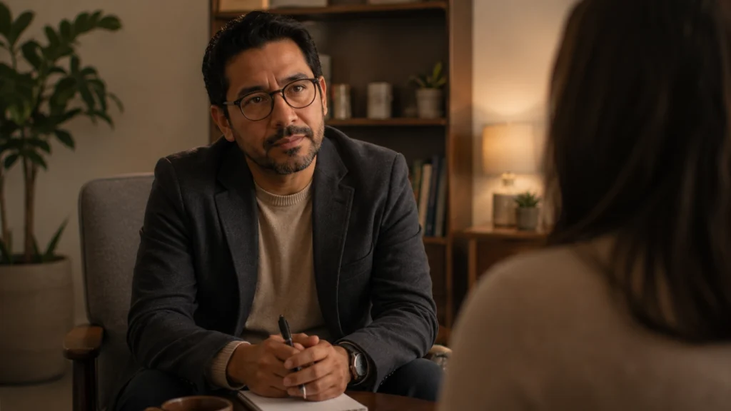 Profesional latinoamericano adulto sentado en un consultorio psicológico cálido y tranquilo con expresión de cansancio pero presencia activa, en una sesión de terapia cognitivo conductual para el tratamiento del síndrome de burnout, el agotamiento emocional crónico y el estrés laboral, representando el proceso terapéutico de revisar creencias, establecer límites y recuperar el bienestar a través de la TCC con apoyo profesional especializado.