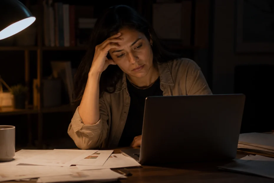 Adulto latinoamericano sentado en un escritorio de noche con la mano en la frente y expresión de cansancio silencioso frente a un trabajo ya terminado pero que no le genera satisfacción, una imagen que representa cómo trabajar la autoexigencia y el perfeccionismo desde su origen real, incluyendo la autocrítica, el síndrome del impostor y la culpa asociada a estándares heredados que nunca fueron elegidos conscientemente, un proceso que se trabaja en profundidad en terapia psicológica.