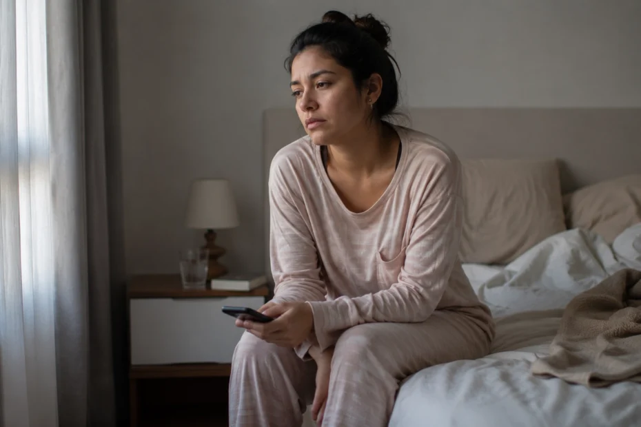 Mujer latinoamericana adulta sentada al borde de su cama por la mañana con expresión cansada y apática, mirando distraídamente por la ventana en un ambiente hogareño con luz gris tenue, una imagen que representa la desmotivación de la vida y la desmotivación emocional, esa sensación de sentirse triste y desmotivada sin energía ni interés en las actividades cotidianas, reflejando causas como el agotamiento, el estrés y la pérdida de sentido que se pueden trabajar en terapia psicológica.