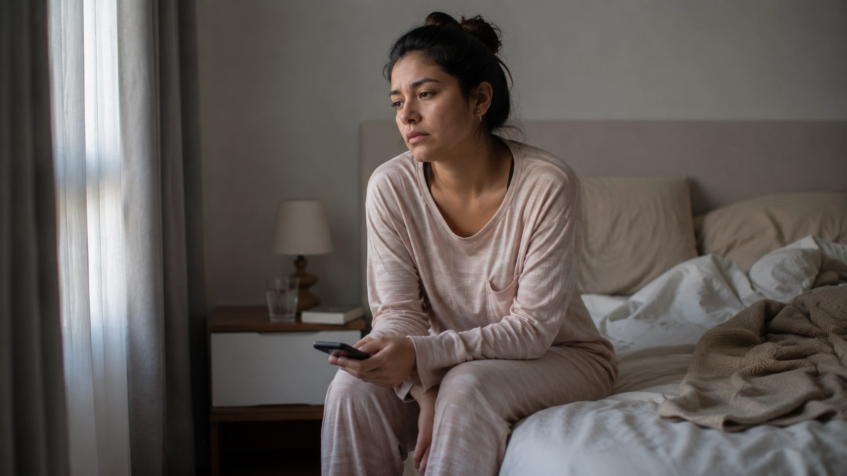 Mujer latinoamericana adulta sentada al borde de su cama por la mañana con expresión cansada y apática, mirando distraídamente por la ventana en un ambiente hogareño con luz gris tenue, una imagen que representa la desmotivación de la vida y la desmotivación emocional, esa sensación de sentirse triste y desmotivada sin energía ni interés en las actividades cotidianas, reflejando causas como el agotamiento, el estrés y la pérdida de sentido que se pueden trabajar en terapia psicológica.