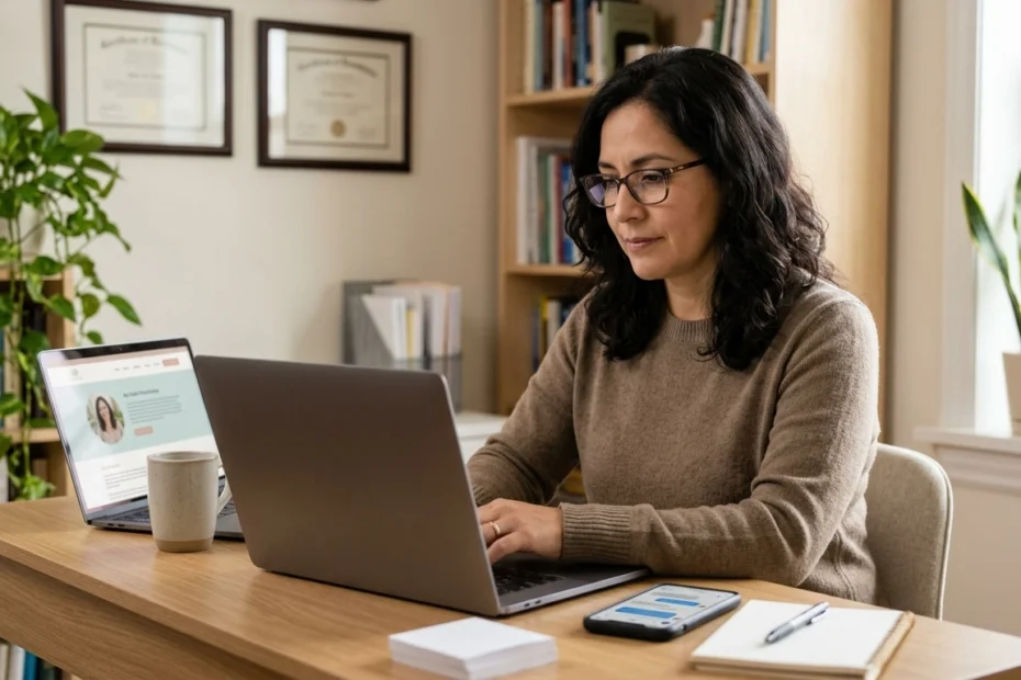 Psicóloga latinoamericana adulta sentada en un escritorio ordenado revisando en su laptop el sitio web de su consulta junto a su teléfono con una app de mensajería abierta, con expresión serena y profesional, una imagen que representa el marketing para psicólogos centrado en generar confianza real antes de la primera sesión, incluyendo la presencia digital clara, la facilidad para agendar, el seguimiento del primer contacto y el manejo responsable de datos sensibles de salud según la normativa colombiana.