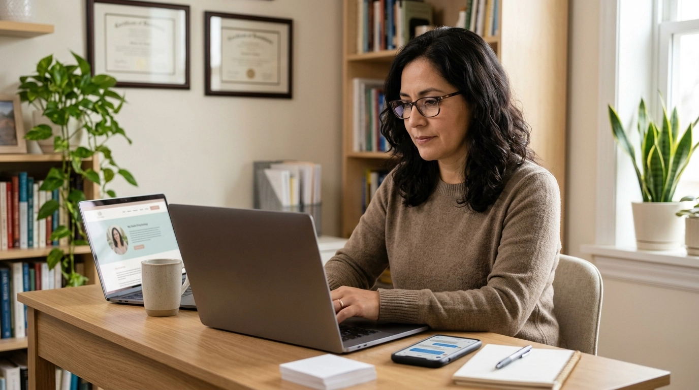 Psicóloga latinoamericana adulta sentada en un escritorio ordenado revisando en su laptop el sitio web de su consulta junto a su teléfono con una app de mensajería abierta, con expresión serena y profesional, una imagen que representa el marketing para psicólogos centrado en generar confianza real antes de la primera sesión, incluyendo la presencia digital clara, la facilidad para agendar, el seguimiento del primer contacto y el manejo responsable de datos sensibles de salud según la normativa colombiana.