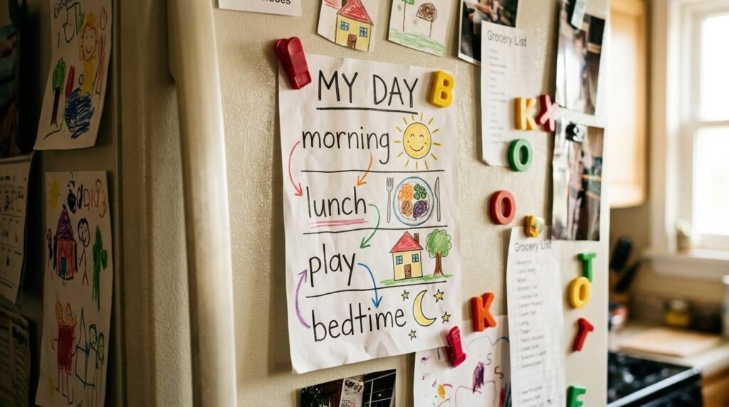 Dibujo infantil pegado en una nevera de cocina con imanes de colores, representando una rutina diaria con símbolos simples del sol, la comida y la casa, rodeado de otros dibujos en un ambiente doméstico cálido y ordenado, imagen que ilustra cómo las rutinas predecibles contribuyen a la seguridad emocional de los niños en la primera infancia.