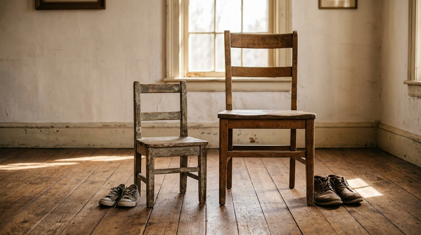 Dos sillas de madera, una pequeña y una grande, colocadas lado a lado en una habitación con luz natural cálida, con zapatos de niño junto a la silla pequeña y zapatos de adulto junto a la grande, una imagen que representa la seguridad emocional en la primera infancia como la presencia consistente del adulto de referencia junto al niño durante el desarrollo emocional.