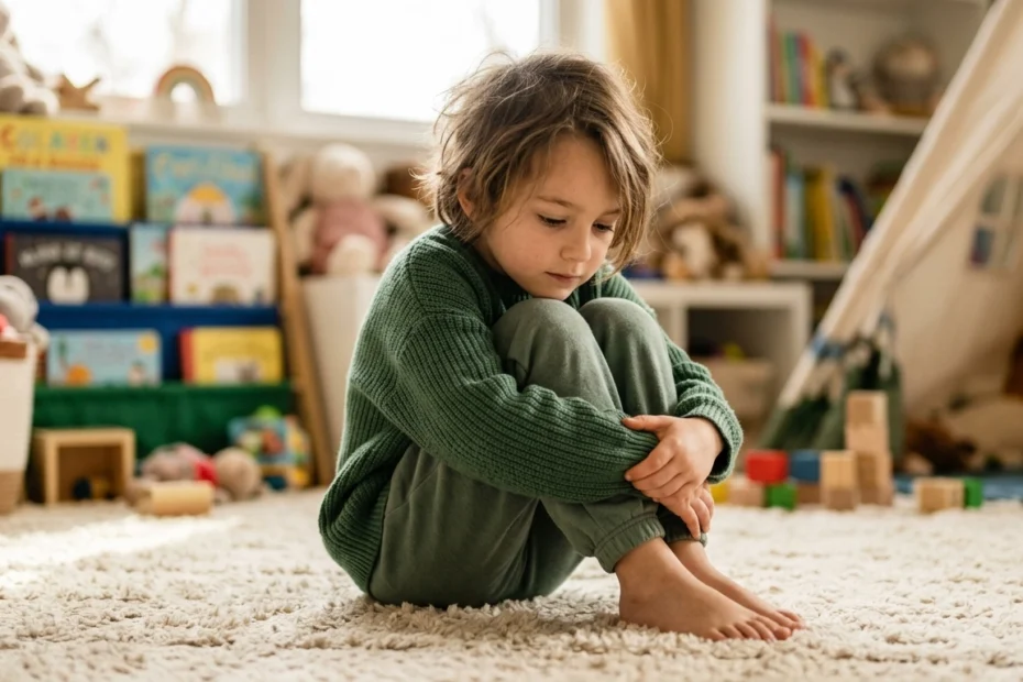 Niño practicando la técnica de la tortuga sentado en el suelo de una sala de juegos, adoptando la postura de repliegue físico para el manejo de emociones y el autocontrol infantil.