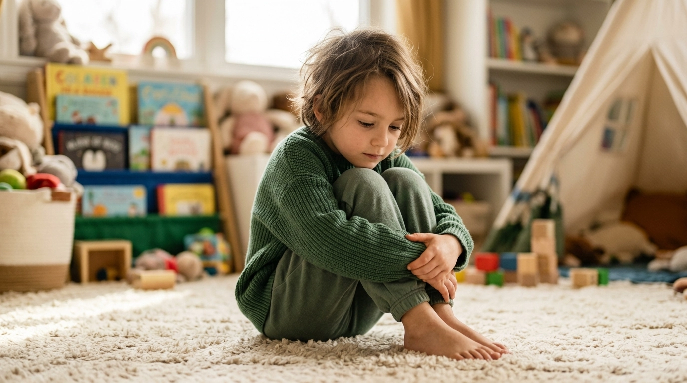 Niño practicando la técnica de la tortuga sentado en el suelo de una sala de juegos, adoptando la postura de repliegue físico para el manejo de emociones y el autocontrol infantil.