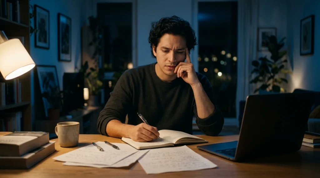 Adulto latinoamericano sentado solo en un escritorio de noche escribiendo en un cuaderno con expresión de concentración y leve confusión, como intentando reconstruir lo que realmente ocurrió versus lo que recuerda, una imagen que representa el autoengaño del mitómano compulsivo y el debate clínico sobre si la persona con mitomanía sabe conscientemente que miente o llega a creer sus propias versiones alteradas de la realidad, uno de los aspectos más complejos de la pseudología fantástica y su tratamiento psicológico.