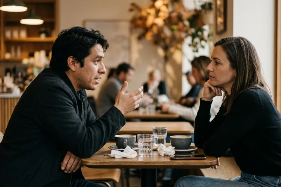 Dos adultos latinoamericanos sentados frente a frente en una cafetería iluminada cálidamente, uno hablando de forma animada con gestos mientras el otro escucha con expresión tranquila pero levemente escéptica, una imagen que representa la mitomanía y sus características como la mentira persistente, elaborada y sin propósito claro, y la forma en que el patrón del mitómano compulsivo afecta las relaciones interpersonales y genera desconfianza incluso antes de ser identificado formalmente como pseudología fantástica.