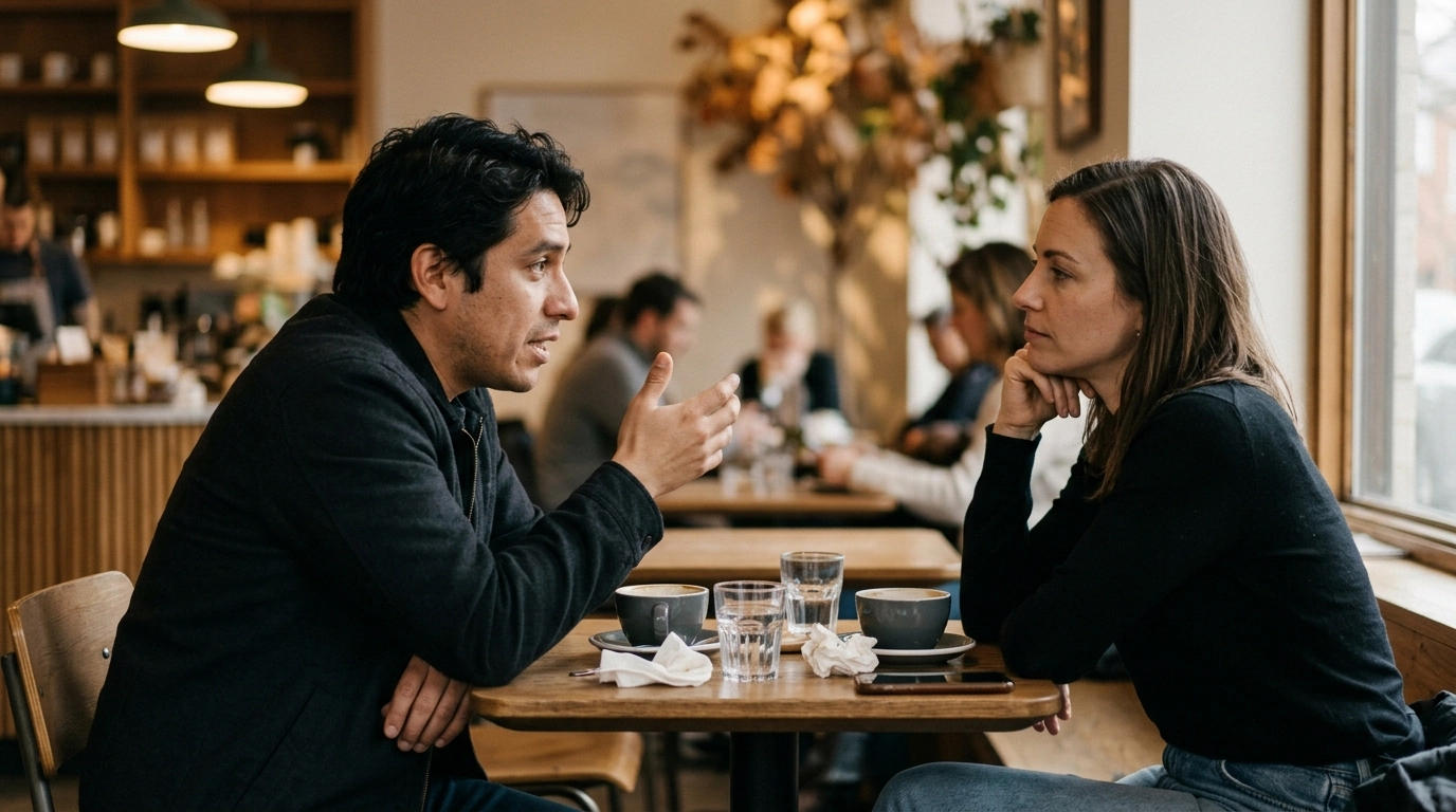 Dos adultos latinoamericanos sentados frente a frente en una cafetería iluminada cálidamente, uno hablando de forma animada con gestos mientras el otro escucha con expresión tranquila pero levemente escéptica, una imagen que representa la mitomanía y sus características como la mentira persistente, elaborada y sin propósito claro, y la forma en que el patrón del mitómano compulsivo afecta las relaciones interpersonales y genera desconfianza incluso antes de ser identificado formalmente como pseudología fantástica.